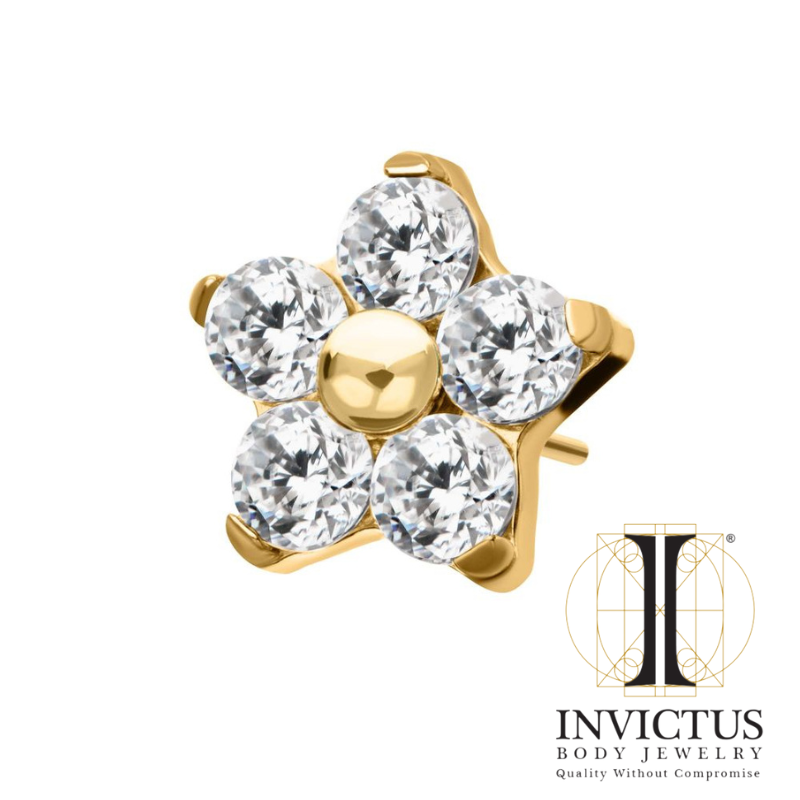 24Kt Gold PVD Titanium Threadless Flower Prong Set CZ Ends