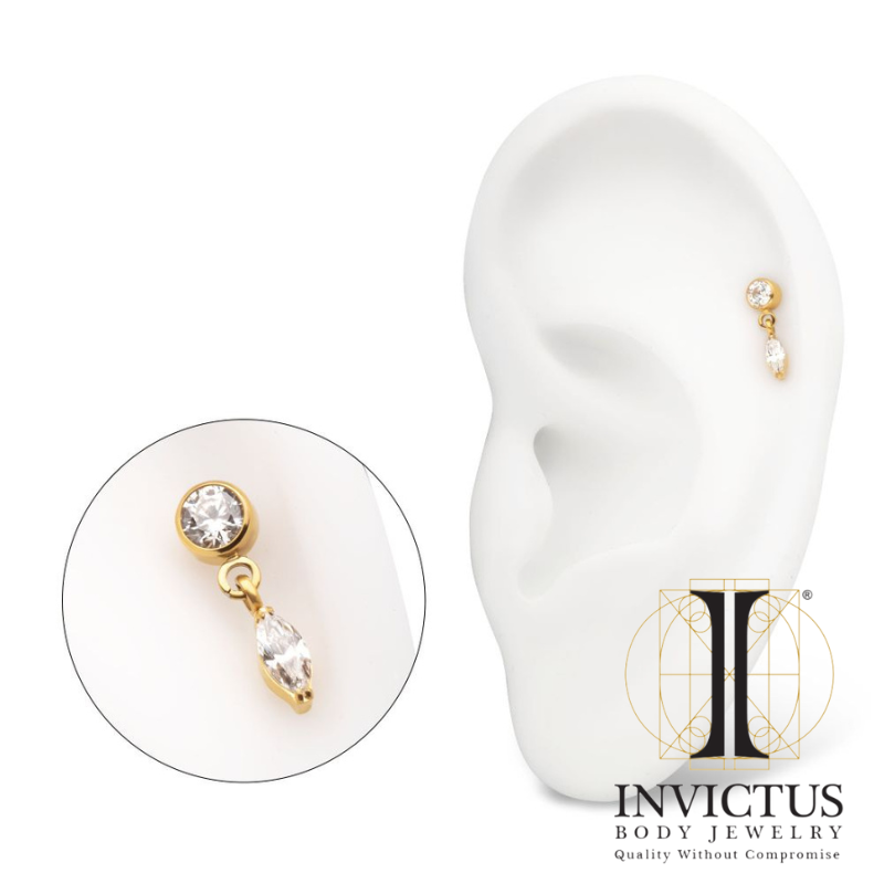 24KT Gold PVD Titanium Threadless Bezel Gem Ends with Marquise Dangle