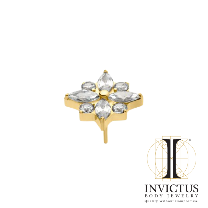 24Kt Gold PVD Titanium Threadless with 4 Marquise & 4 Round CZ Flower Shape Ends