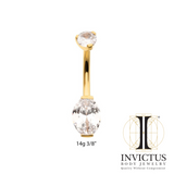 24Kt Gold PVD Titanium Internally Threaded Double Gem with Prong Set Oval