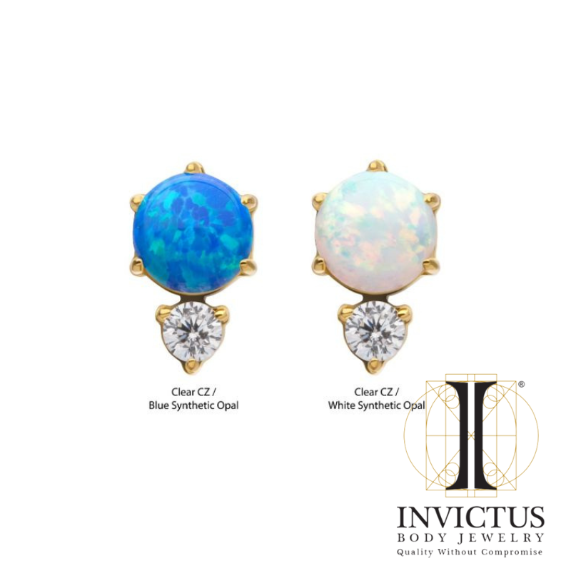 24Kt Gold PVD Threadless Prong Set Double Round Gem and Synthetic Opal Ends