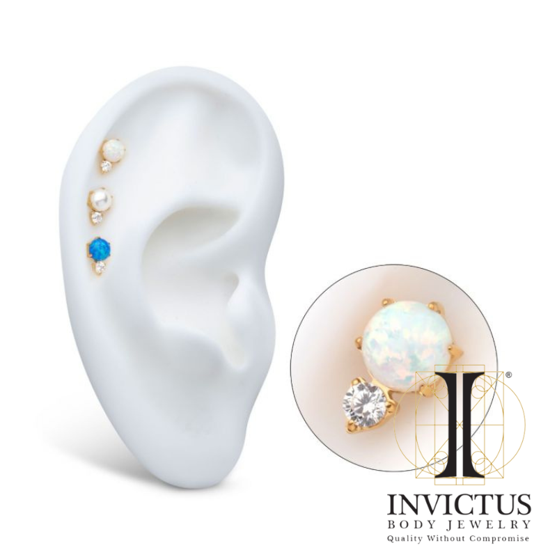 24Kt Gold PVD Threadless Prong Set Double Round Gem and Synthetic Opal Ends