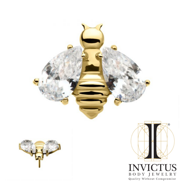 24Kt Gold PVD Titanium Threadless Bee with Prong Set Pear Shape CZ Wings Ends