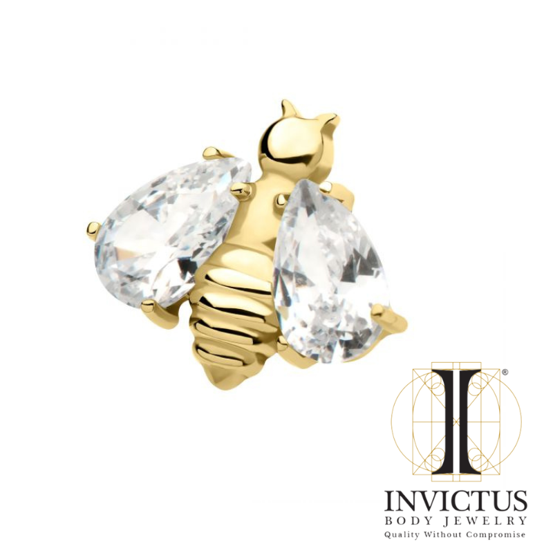 24Kt Gold PVD Titanium Threadless Bee with Prong Set Pear Shape CZ Wings Ends