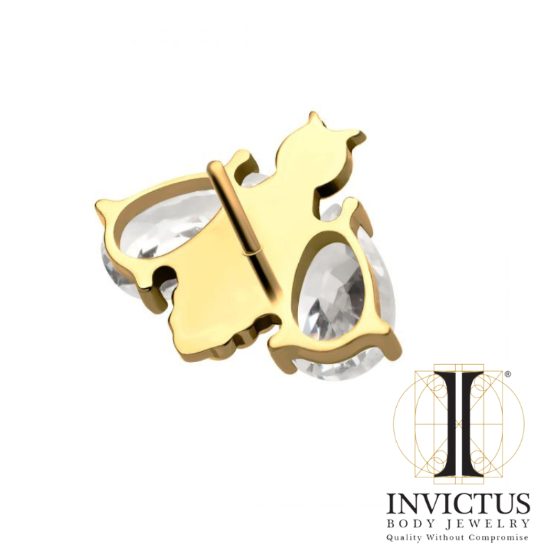 24Kt Gold PVD Titanium Threadless Bee with Prong Set Pear Shape CZ Wings Ends