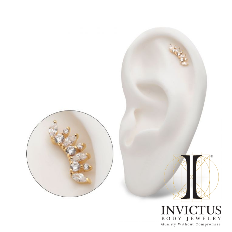 14Kt Yellow Gold Threadless Prong Round & Marquise Clear CZ Cluster Ends