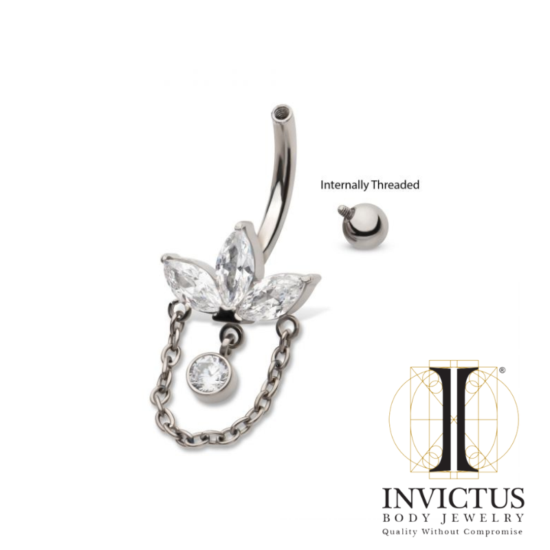 Navel 3-Cluster Pronged Marquise with Chain & Gem Dangles