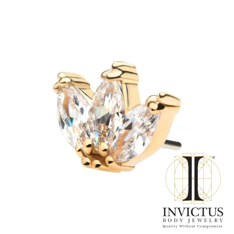 14Kt Yellow Gold Threadless Tri-bead Marquise Clear CZ Cluster Ends