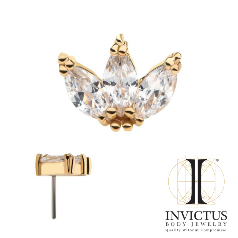 14Kt Yellow Gold Threadless Tri-bead Marquise Clear CZ Cluster Ends