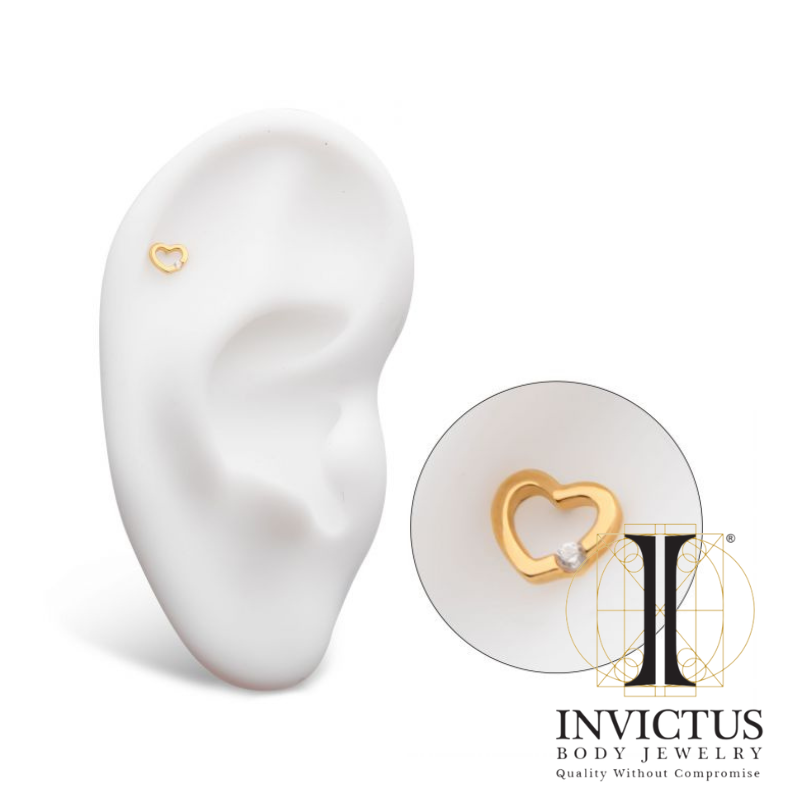 14Kt Yellow Gold Threadless with Round CZ Cut Out Heart Ends