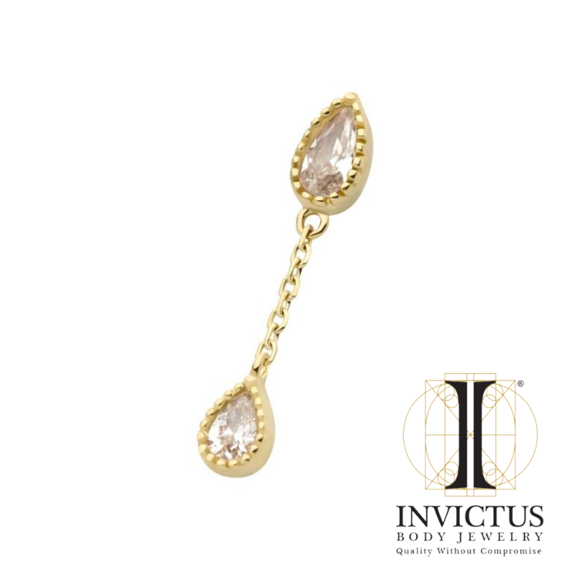 14Kt Yellow Gold Threadless Double Teardrop CZ Dangle Chain Ends