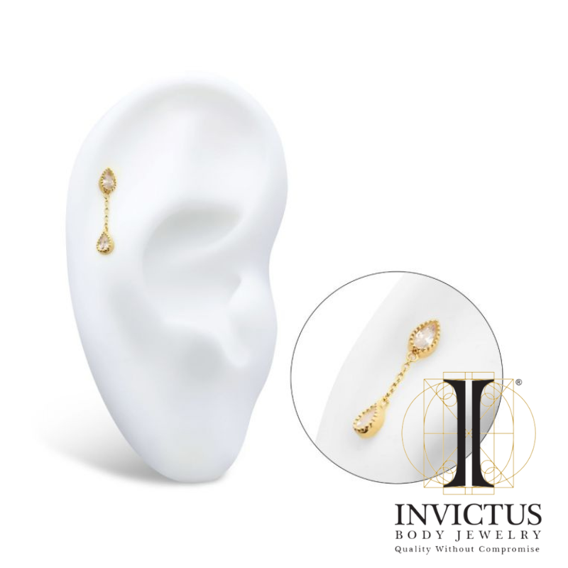14Kt Yellow Gold Threadless Double Teardrop CZ Dangle Chain Ends