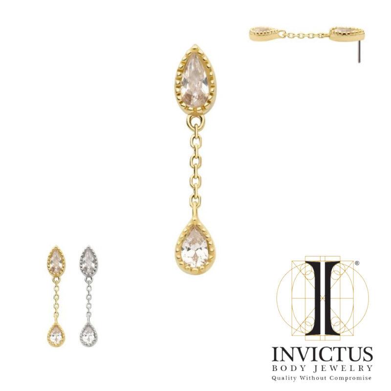 14Kt Yellow Gold Threadless Double Teardrop CZ Dangle Chain Ends