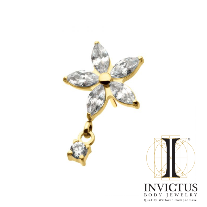 24Kt Gold PVD Titanium Threadless Marquise CZ Flower Ends with Dangle Round CZ