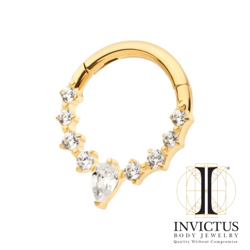 24Kt Gold PVD Titanium Cluster Round & Teardrop CZ Front Facing Hinged Segment Clicker