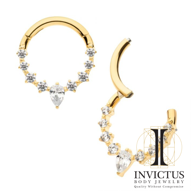 24Kt Gold PVD Titanium Cluster Round & Teardrop CZ Front Facing Hinged Segment Clicker