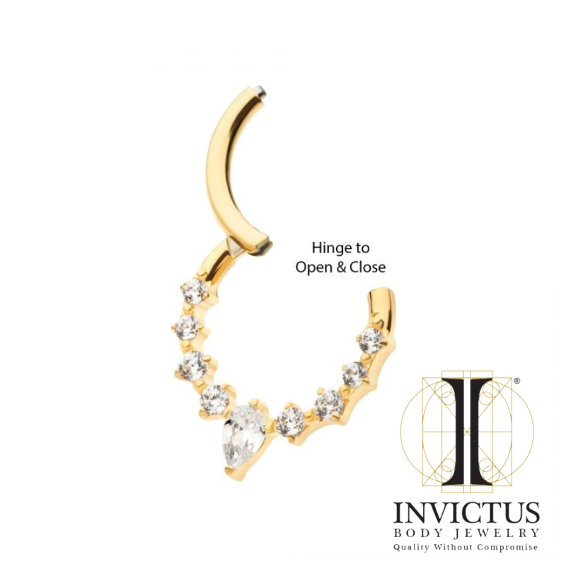 24Kt Gold PVD Titanium Cluster Round & Teardrop CZ Front Facing Hinged Segment Clicker