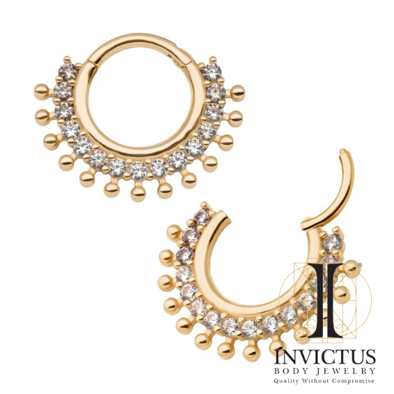 14Kt Yellow Gold with 15-Cluster Prong Set Clear CZ Beaded Edge Front Facing Hinged Segment Clicker