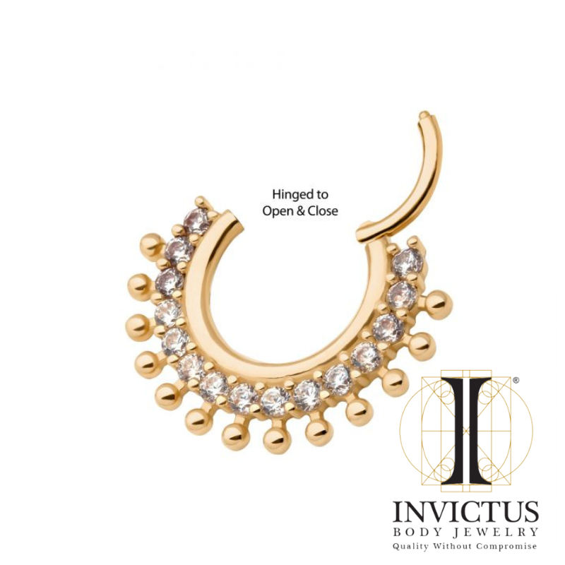 14Kt Yellow Gold with 15-Cluster Prong Set Clear CZ Beaded Edge Front Facing Hinged Segment Clicker