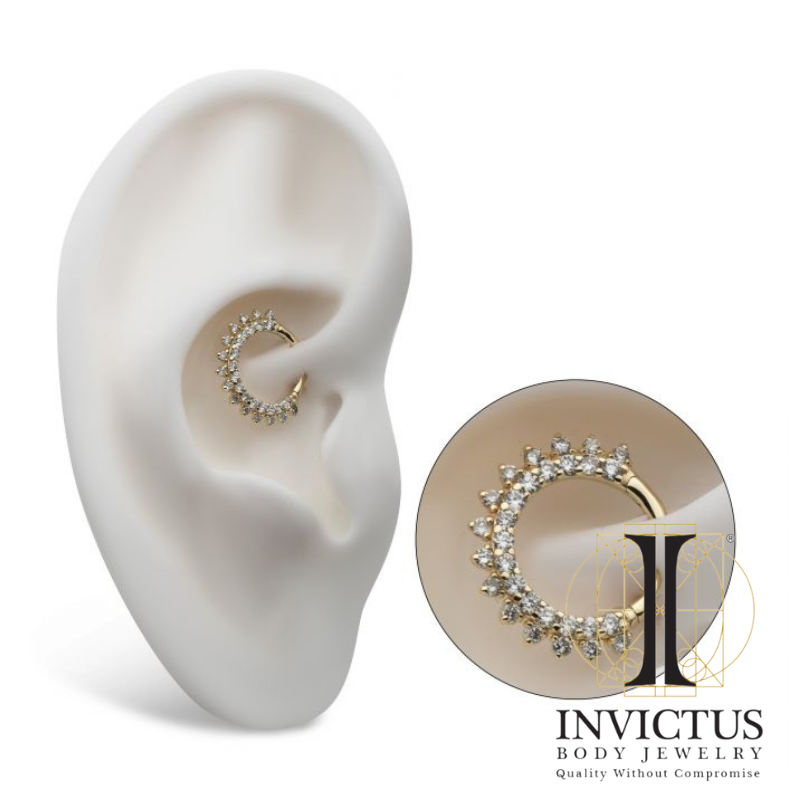 14Kt Yellow Gold with Double Row Prong Set Clear CZ Front Facing Hinged Segment Clicker