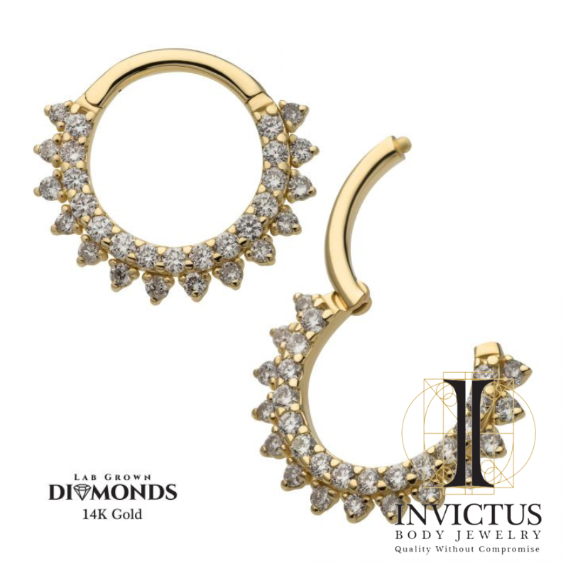 14Kt Yellow Gold with Double Row Prong Set Clear CZ Front Facing Hinged Segment Clicker
