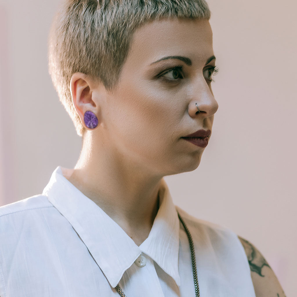 Ametyst Teardrop Stone Plugs Double Flare Sadel