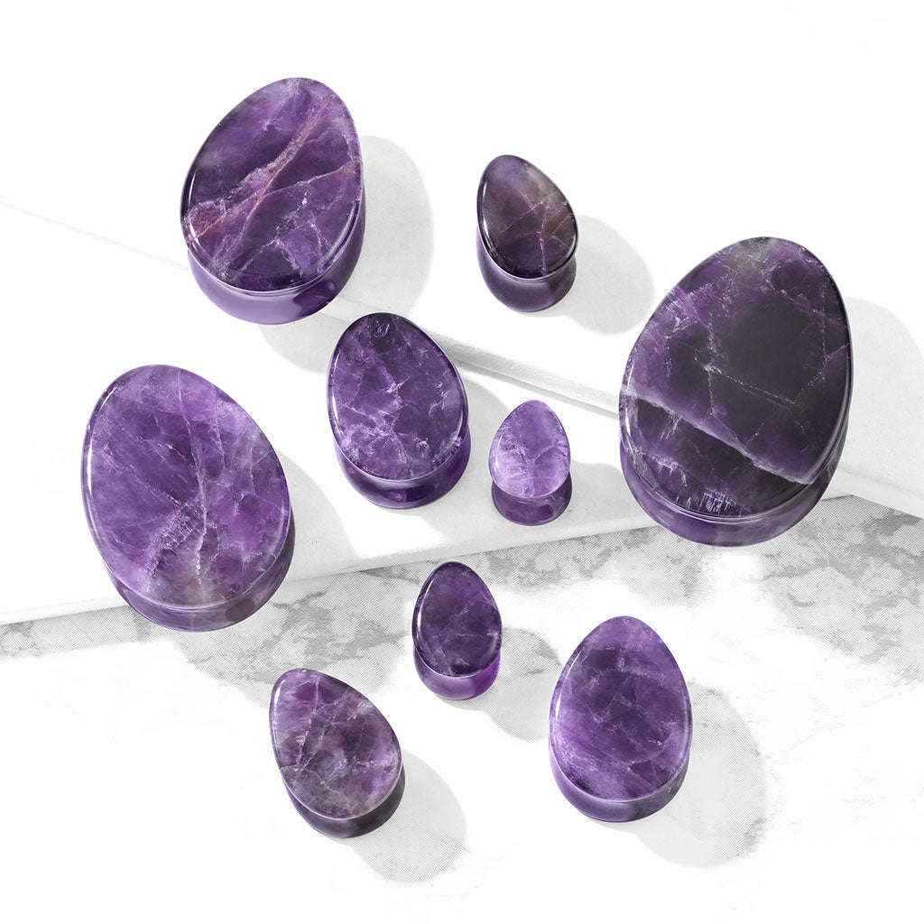 Ametyst Teardrop Stone Plugs Double Flare Sadel