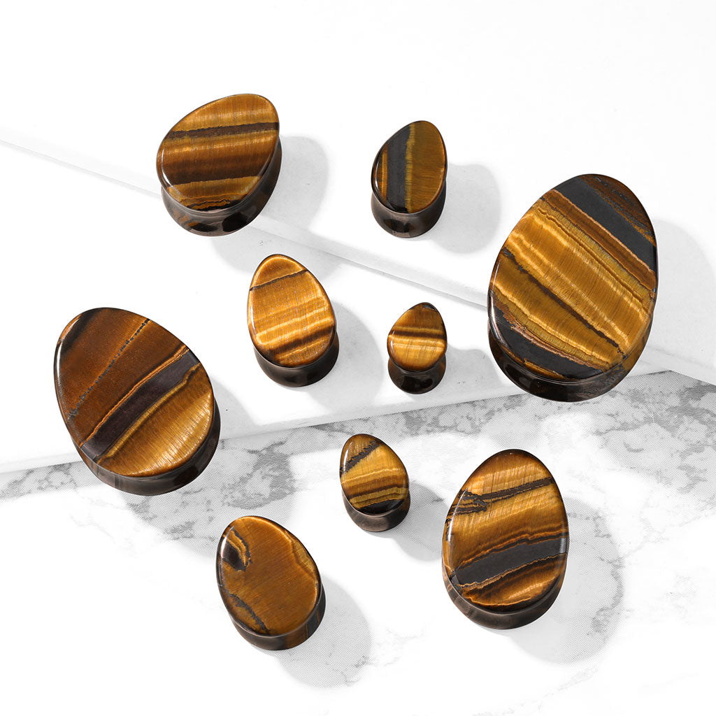 Tiger Eye Teardrop Stone Plugs Double Flare Saddle