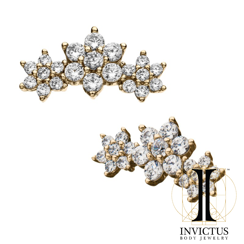 14Kt Gold Threadless Prong Set Multi-Clear Swarovski CZ Tri-Flower Ends - REBELLIC