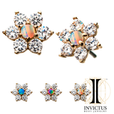 14kt Gold Threadless 6-CZ Clear Gems and Synthetic Opal Ends - REBELLIC