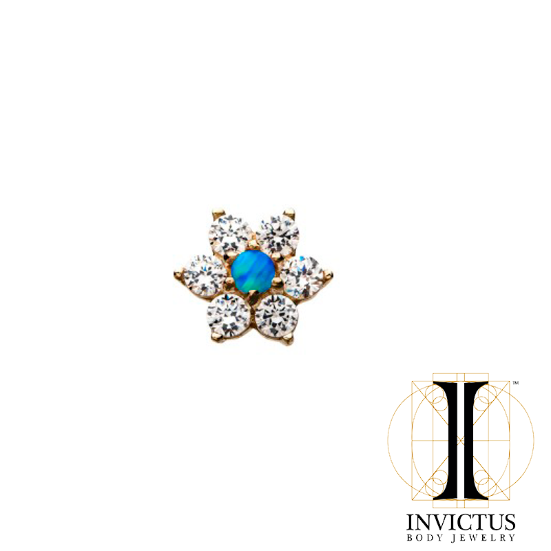 14kt Gold Threadless 6-CZ Clear Gems and Synthetic Opal Ends - REBELLIC