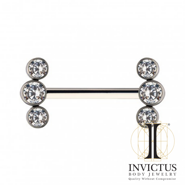 One Side Fixed & One Side Threadless Nipple Barbell with Bezel Set CZ 3-Cluster Ends