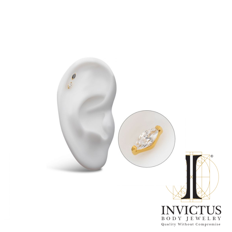 24Kt Gold PVD Threadless with 2-Prong Marquise CZ Top