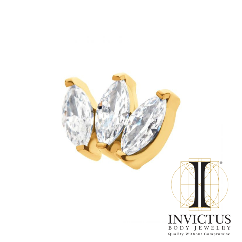 24Kt Gold PVD Threadless with Prong Set Marquise CZ 3-Cluster Top