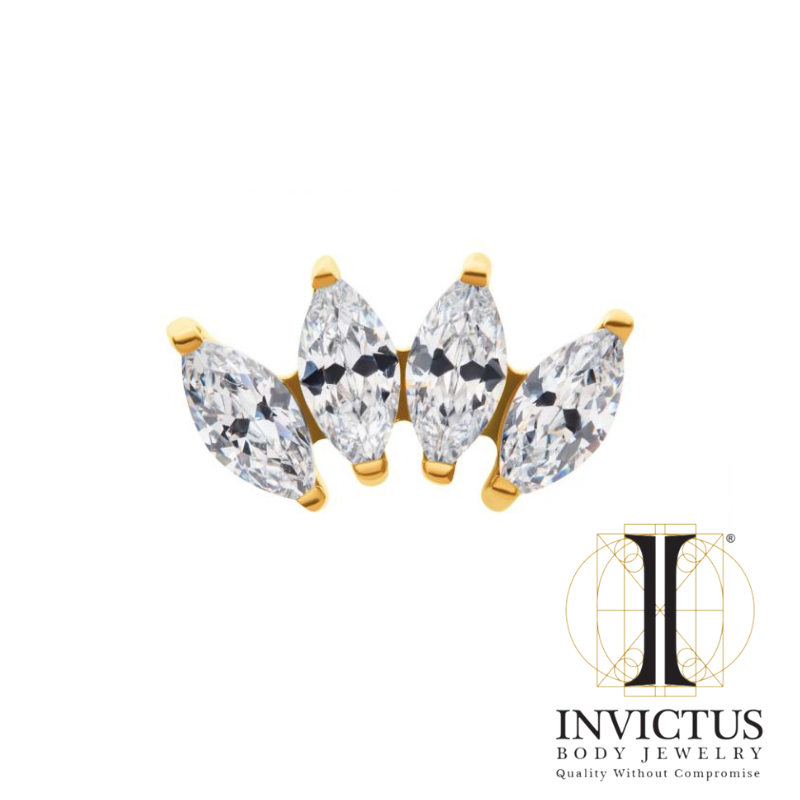 24Kt Gold PVD Titanium Internally Threaded with Prong Set Marquise CZ 4-Cluster Top