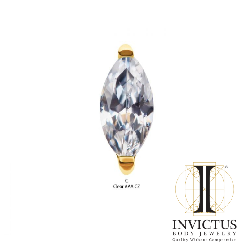24Kt Gold PVD Threadless with 2-Prong Marquise CZ Top