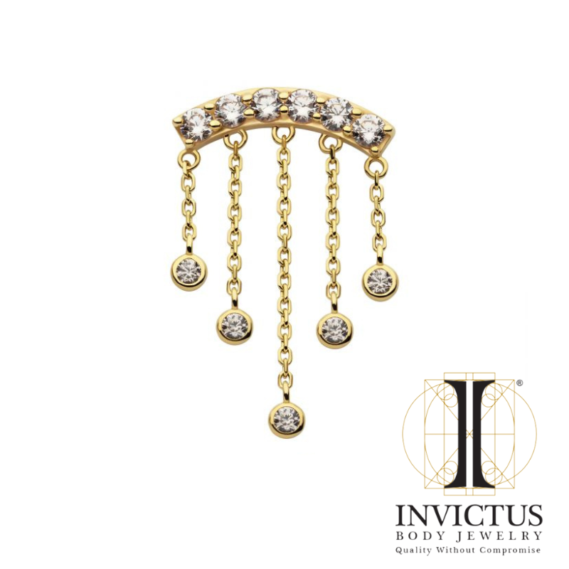 14Kt Gold CZ Cluster Curved Bar Top with 5 Gemmed Dangle Chains
