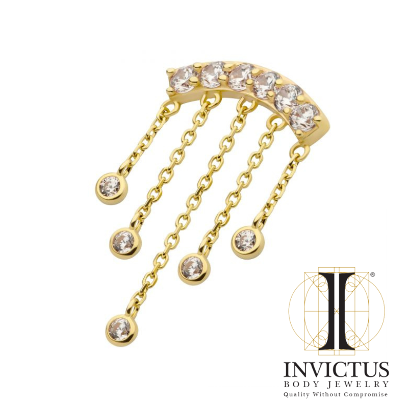14Kt Gold CZ Cluster Curved Bar Top with 5 Gemmed Dangle Chains