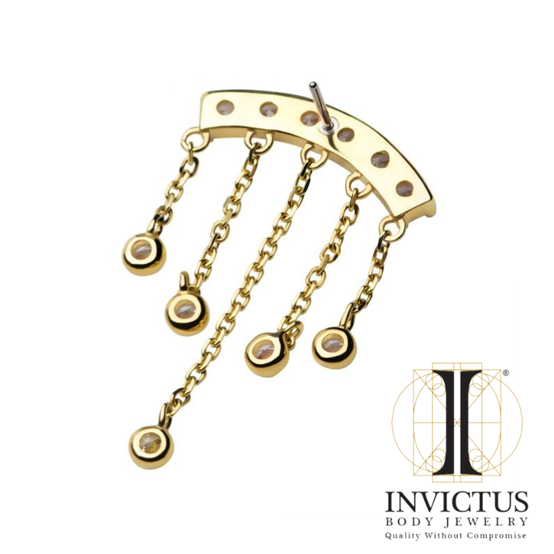 14Kt Gold CZ Cluster Curved Bar Top with 5 Gemmed Dangle Chains