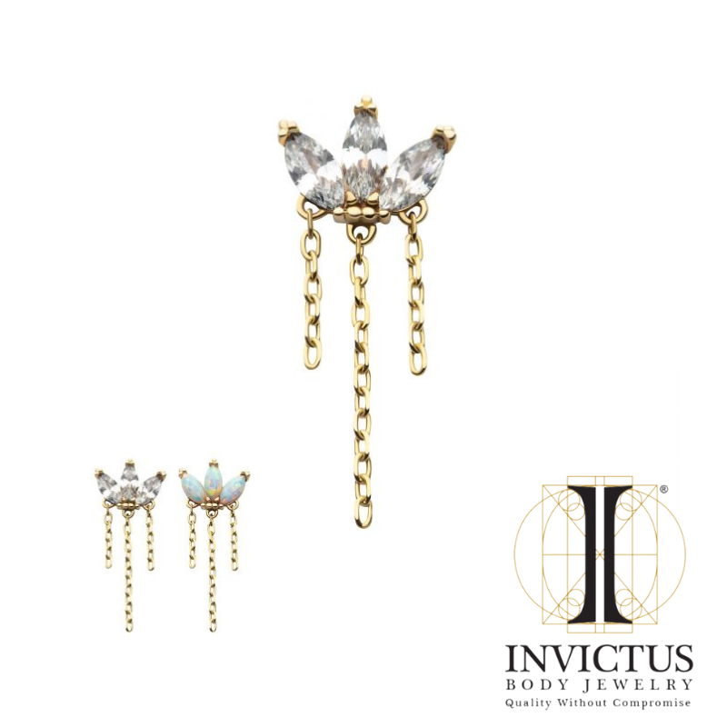 14Kt Yellow Gold Threadless 3-Cluster Fan Shape Marquise CZ/Opal Top with Dangle Triple Chain