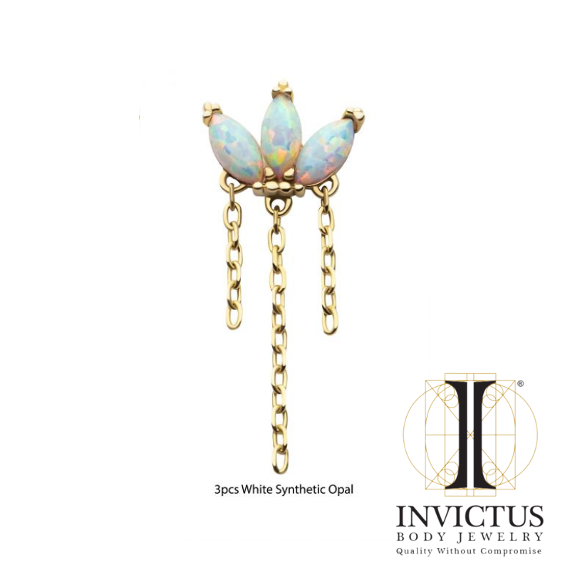 14Kt Yellow Gold Threadless 3-Cluster Fan Shape Marquise CZ/Opal Top with Dangle Triple Chain