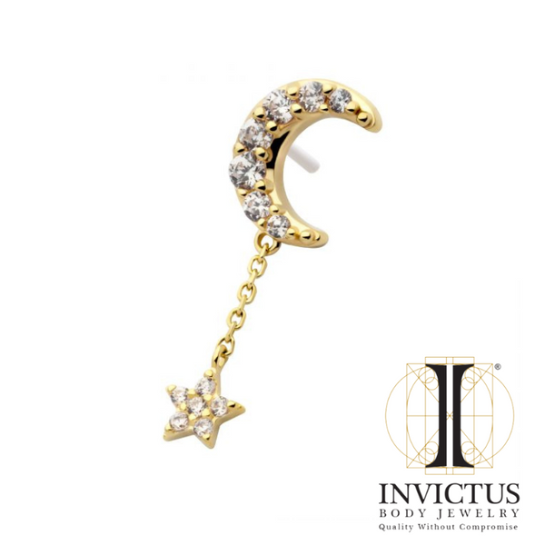 14Kt Yellow Gold Threadless Pave Set CZ Crescent Moon Top with Pave Set CZ Star Dangle Chain