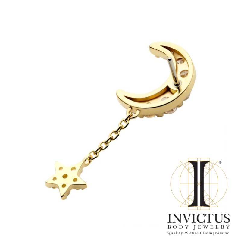 14 karat gul guld trådløs Pave Sæt CZ Crescent Moon Top med Pave Sæt CZ Star Dangle Chain