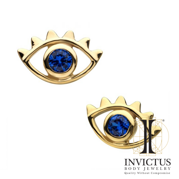 14kt Yellow Gold Threadless Open Eye Outline with Blue CZ Ends