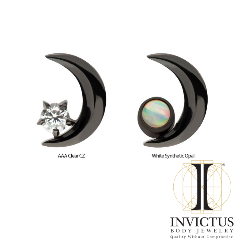 Black PVD Titanium Crescent Moon with CZ/Opal Top