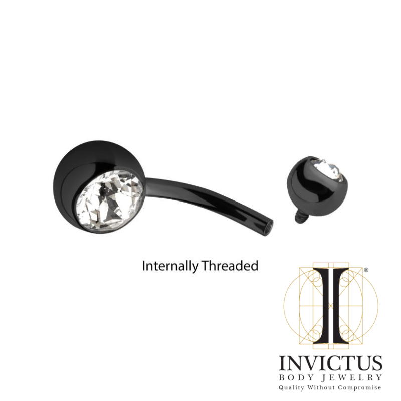Black PVD Titanium Internally Threaded Bezel Set Double CZ Fixed Bottom Navel