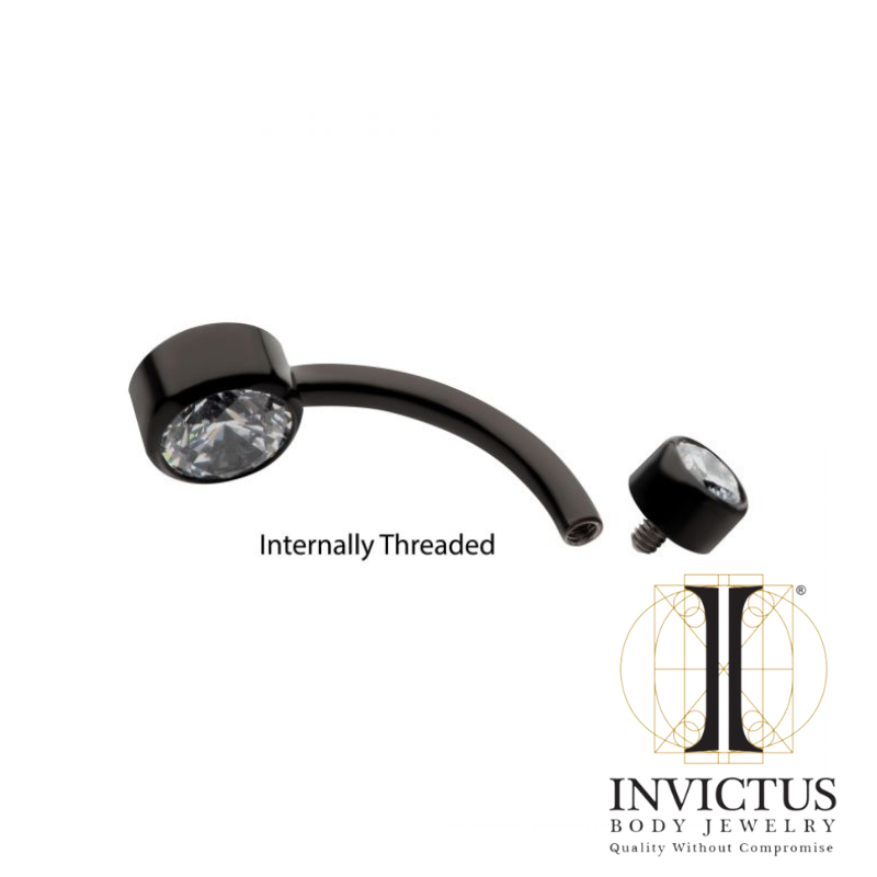 Black PVD Titanium Internally Threaded Bezel Set Double CZ Smooth Rounded Back Fixed Bottom Navel Ring