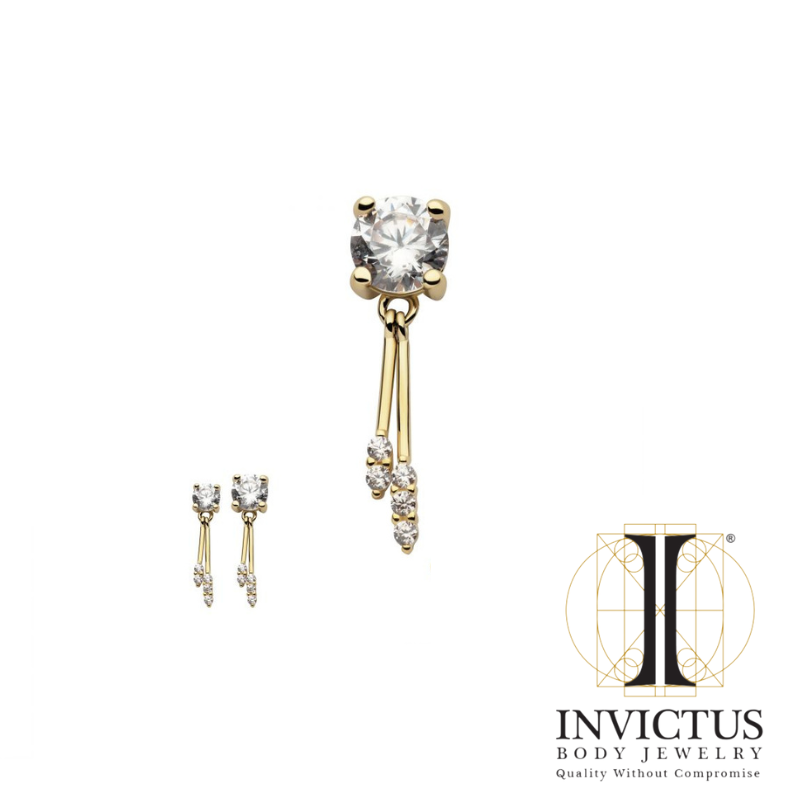 14Kt Yellow Gold Threadless Prong Set CZ Top with Gemmed Dangle Double Bar