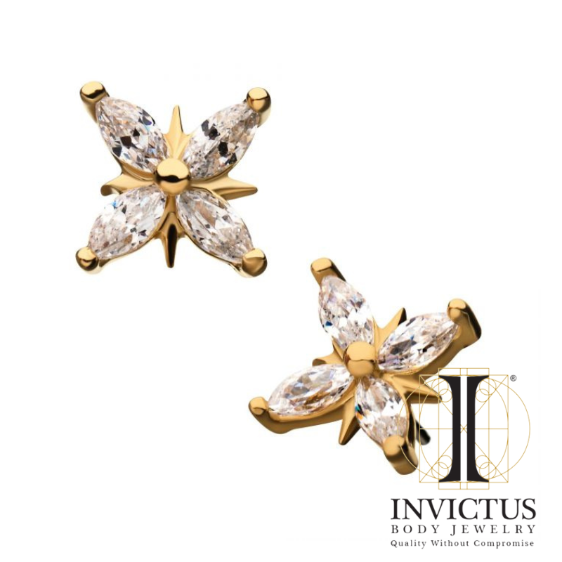 14kt Gold Threadless Prong Set 4-Clear CZ Cross Top