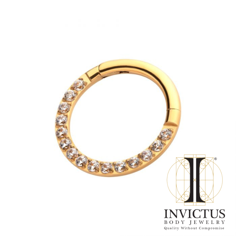 24KT Gold PVD Titanium Clear CZ Front Facing Hinged Segment Clicker